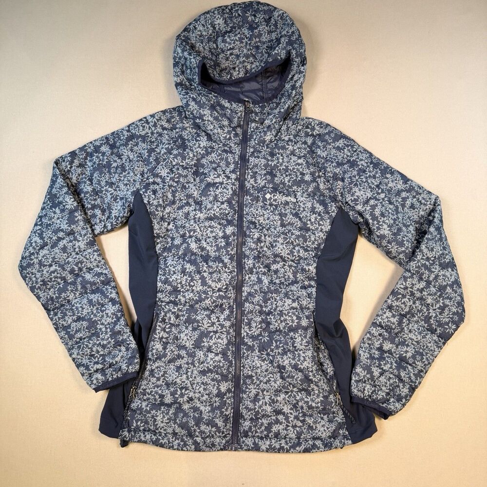 Columbia Hooded Puffer Jacket Navy Blue XK0913 Womens Medium Floral Pattern EUC
